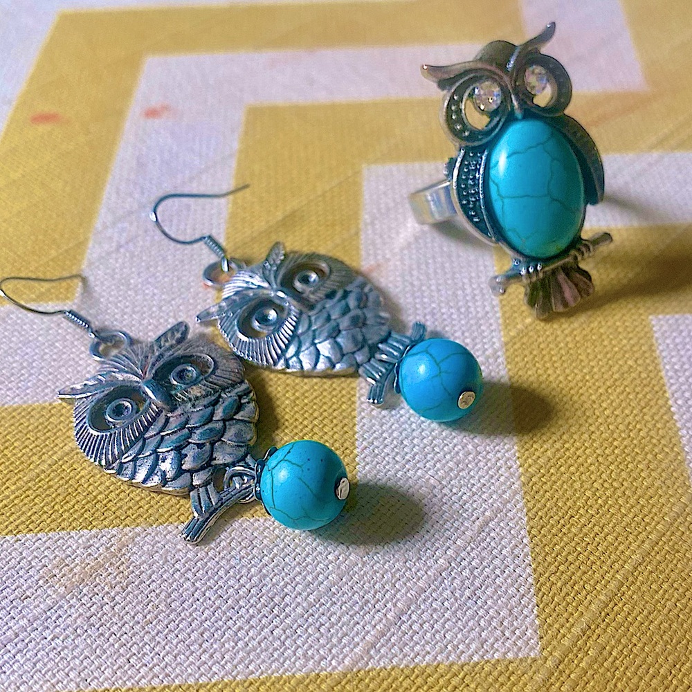 Turquoise and Silver Owl Set of Earrings and Ring